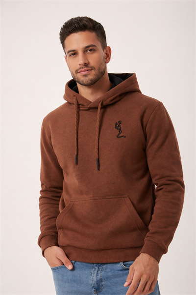 Erkek Kapüşonlu 3 İplik İçi Şardonlu Nakışlı Kahverengi Sweatshirt