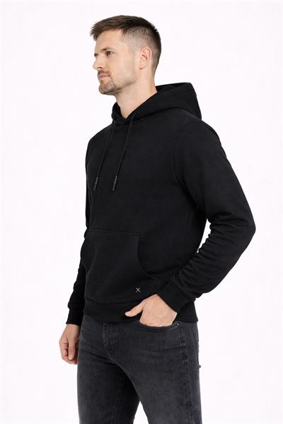 Erkek Kapüşonlu 3 İplik İçi Şardonlu Nakışlı Sweatshirt Siyah