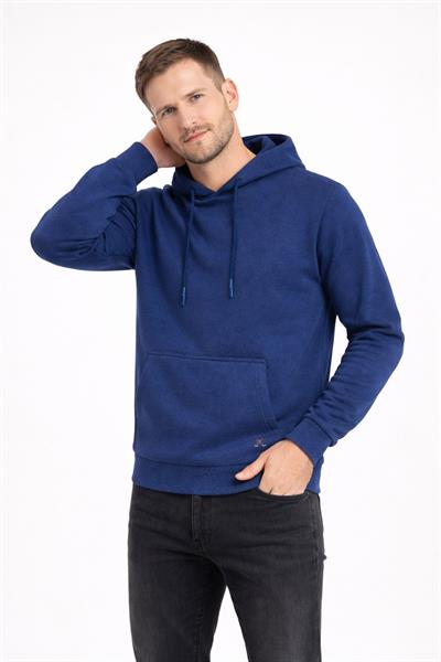 Erkek Kapüşonlu 3 İplik İçi Şardonlu Nakışlı Sweatshirt İndigo