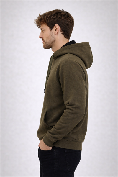 Erkek Kapüşonlu 3 İplik İçi Şardonlu Nakışlı Haki Sweatshirt