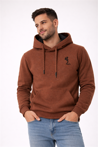 Erkek Kapüşonlu 3 İplik İçi Şardonlu Nakışlı Kahverengi Sweatshirt