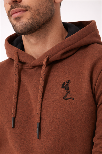 Erkek Kapüşonlu 3 İplik İçi Şardonlu Nakışlı Kahverengi Sweatshirt