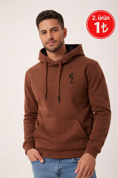 Erkek Kapüşonlu 3 İplik İçi Şardonlu Nakışlı Kahverengi Sweatshirt