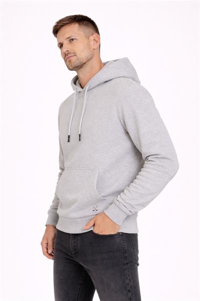 Erkek Kapüşonlu 3 İplik İçi Şardonlu Nakışlı Sweatshirt Gri