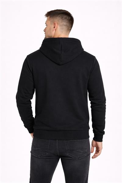Erkek Kapüşonlu 3 İplik İçi Şardonlu Nakışlı Sweatshirt Siyah