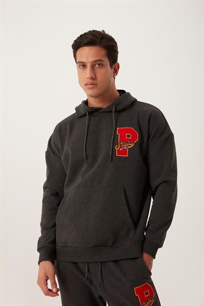 Erkek 3 İplik Pamuklu İçi Polarlı Oversize Nakışlı Kapüşonlu Kanguru Cepli Antrasit Sweatshirt