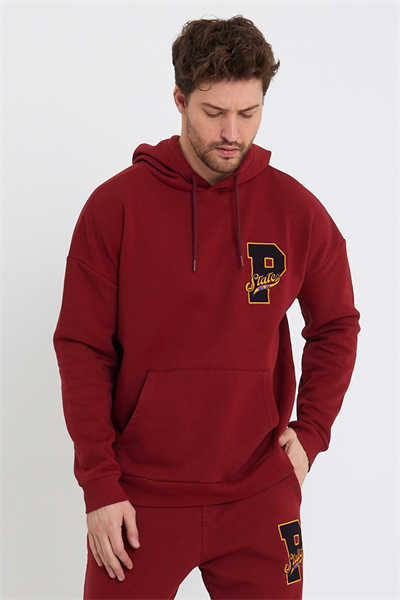 Erkek 3 İplik Pamuklu İçi Polarlı Oversize Nakışlı Kapüşonlu Kanguru Cepli Bordo Sweatshirt