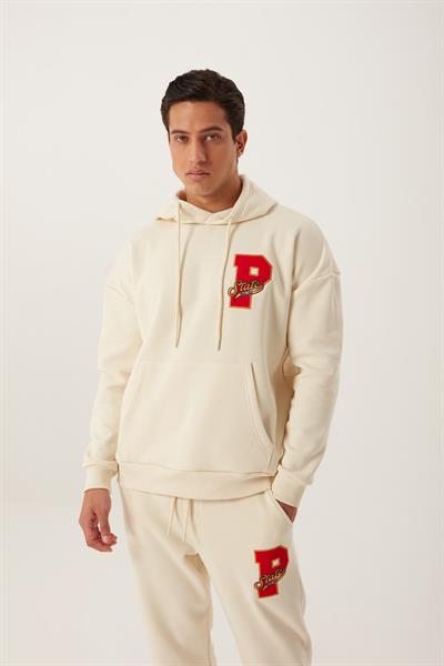 Erkek 3 İplik Pamuklu İçi Polarlı Oversize Nakışlı Kapüşonlu Kanguru Cepli Ekru Sweatshirt