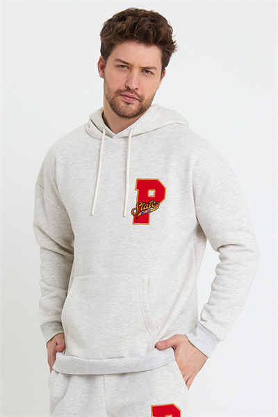 Erkek 3 İplik Pamuklu İçi Polarlı Oversize Nakışlı Kapüşonlu Kanguru Cepli Kar Melanj Sweatshirt