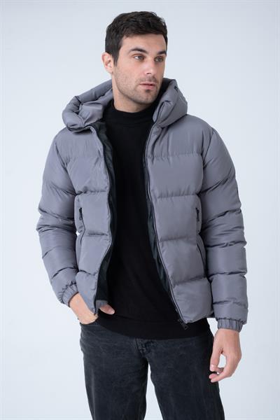 Erkek Kapüşonlu Age Of State Baskılı Şişme Mont Füme