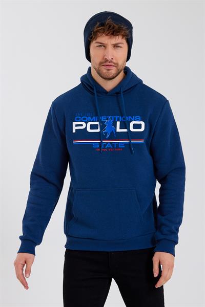 Erkek Kapüşonlu Baskılı 3 İplik Sweatshirt İndigo
