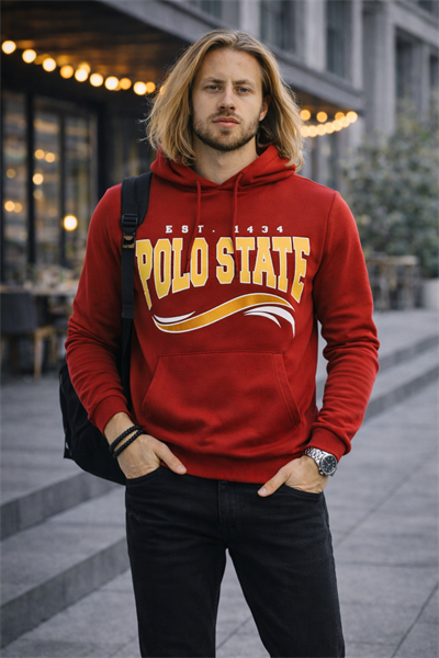 Erkek Kapüşonlu Baskılı Kanguru Cepli 3 İplik Şardonlu Kırmızı Sweatshirt
