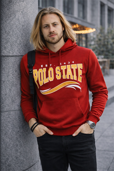 Erkek Kapüşonlu Baskılı Kanguru Cepli 3 İplik Şardonlu Kırmızı Sweatshirt