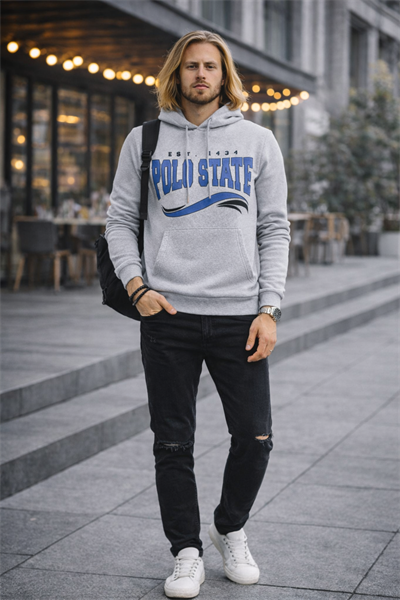 Erkek Kapüşonlu Baskılı Kanguru Cepli 3 İplik Şardonlu Gri Sweatshirt