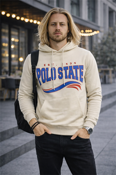 Erkek Kapüşonlu Baskılı Kanguru Cepli 3 İplik Şardonlu Krem Sweatshirt