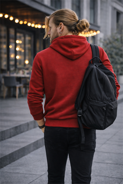 Erkek Kapüşonlu Baskılı Kanguru Cepli 3 İplik Şardonlu Kırmızı Sweatshirt