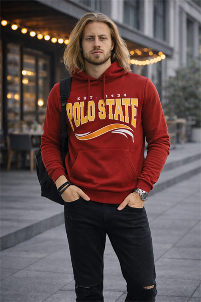 Erkek Kapüşonlu Baskılı Kanguru Cepli 3 İplik Şardonlu Kırmızı Sweatshirt