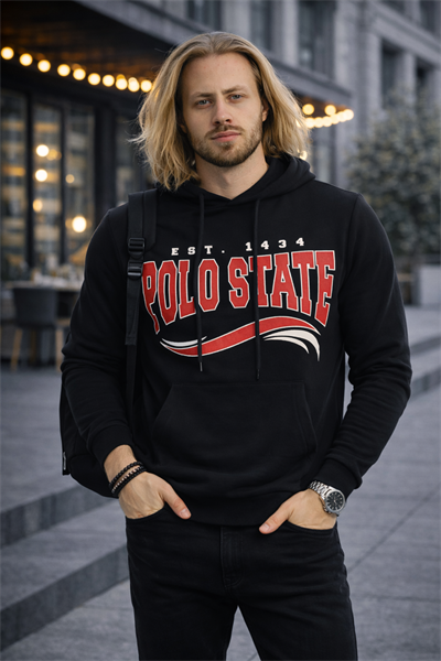 Erkek Kapüşonlu Baskılı Kanguru Cepli 3 İplik Şardonlu Siyah Sweatshirt