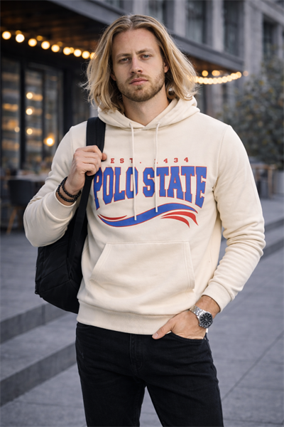 Erkek Kapüşonlu Baskılı Kanguru Cepli 3 İplik Şardonlu Krem Sweatshirt