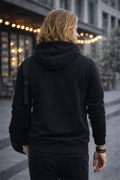 Erkek Kapüşonlu Baskılı Kanguru Cepli 3 İplik Şardonlu Siyah Sweatshirt