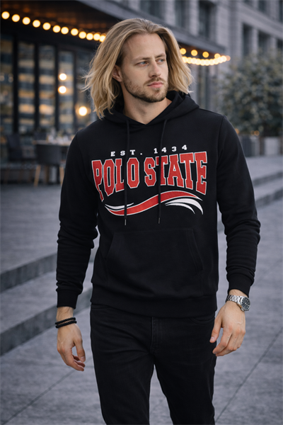 Erkek Kapüşonlu Baskılı Kanguru Cepli 3 İplik Şardonlu Siyah Sweatshirt