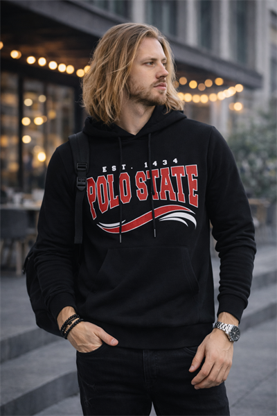 Erkek Kapüşonlu Baskılı Kanguru Cepli 3 İplik Şardonlu Siyah Sweatshirt
