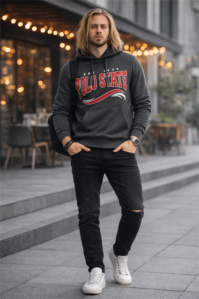 Erkek Kapüşonlu Baskılı Kanguru Cepli 3 İplik Şardonlu Antrasit Sweatshirt