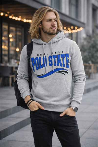 Erkek Kapüşonlu Baskılı Kanguru Cepli 3 İplik Şardonlu Gri Sweatshirt