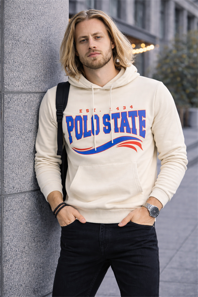 Erkek Kapüşonlu Baskılı Kanguru Cepli 3 İplik Şardonlu Krem Sweatshirt