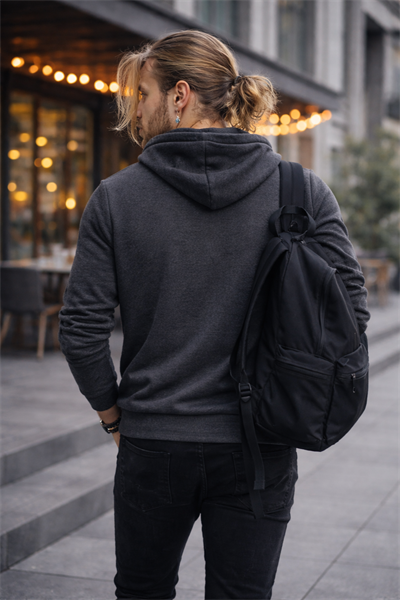 Erkek Kapüşonlu Baskılı Kanguru Cepli 3 İplik Şardonlu Antrasit Sweatshirt