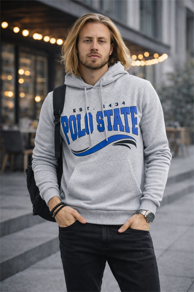 Erkek Kapüşonlu Baskılı Kanguru Cepli 3 İplik Şardonlu Gri Sweatshirt