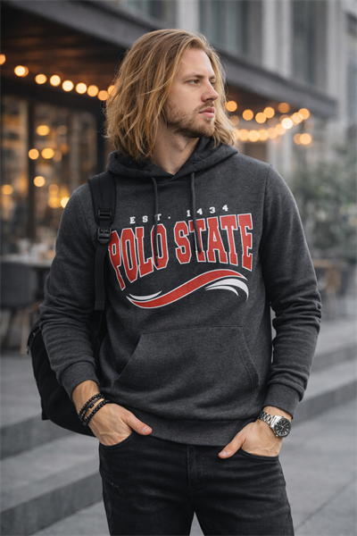 Erkek Kapüşonlu Baskılı Kanguru Cepli 3 İplik Şardonlu Antrasit Sweatshirt