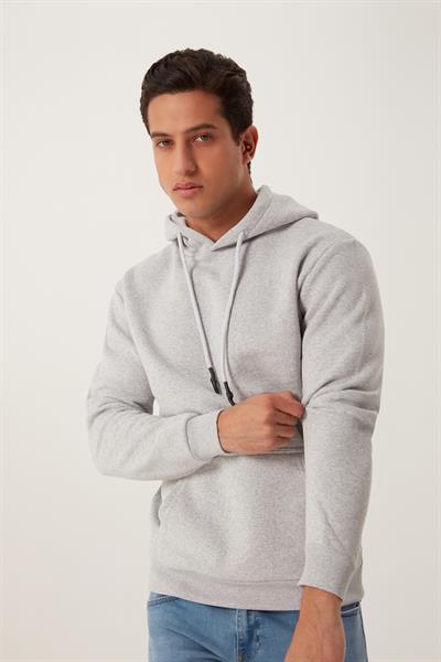 Erkek Kapüşonlu Kanguru Cep 3 İplik Sweatshirt  Gri Melanj