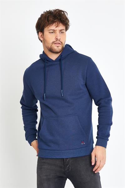 Erkek Kapüşonlu Kanguru Cep 3 İplik Sweatshirt İndigo