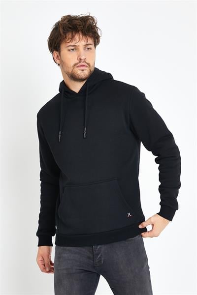 Erkek Kapüşonlu Kanguru Cep 3 İplik Sweatshirt Siyah