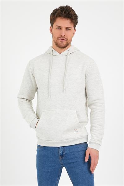 Erkek Kapüşonlu Kanguru Cep 3 İplik Sweatshirt  Kar Melanj