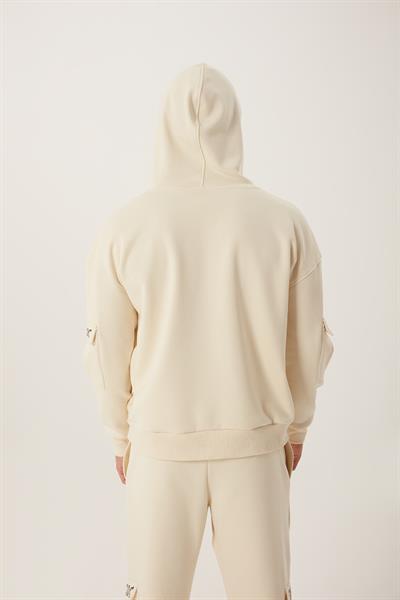 Erkek Kapüşonlu Kanguru Cepli Sweatshirt Ekru