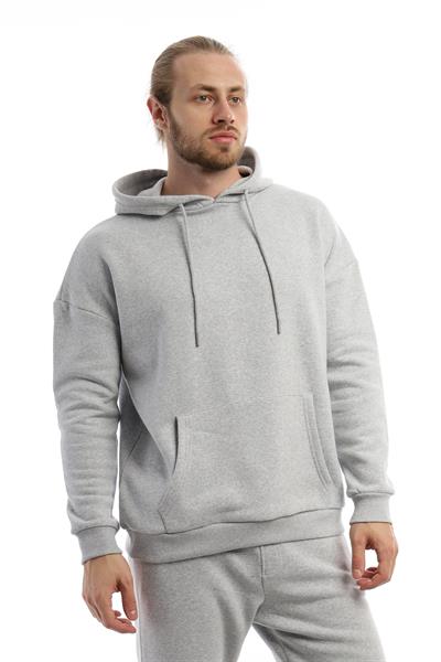 Erkek 3 İplik Pamuklu İçi Polarlı Oversize Kapüşonlu Kanguru Cepli Gri Sweatshirt
