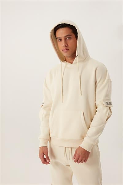 Erkek Kapüşonlu Kanguru Cepli Sweatshirt Ekru