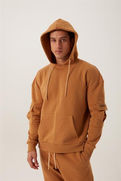 Erkek Kapüşonlu Kanguru Cepli Sweatshirt Kahverengi