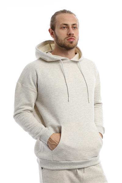 Erkek 3 İplik Pamuklu İçi Polarlı Oversize Kapüşonlu Kanguru Cepli Kar Melanj Sweatshirt