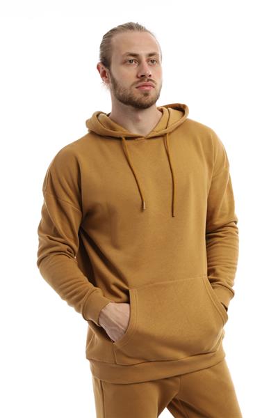 Erkek 3 İplik Pamuklu İçi Polarlı Oversize Kapüşonlu Kanguru Cepli Kahverengi Sweatshirt