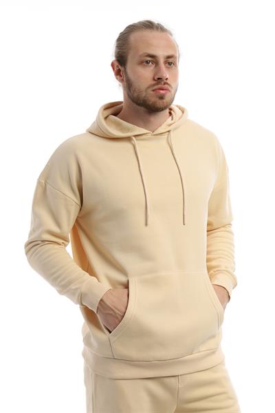 Erkek 3 İplik Pamuklu İçi Polarlı Oversize Kapüşonlu Kanguru Cepli Krem Sweatshirt