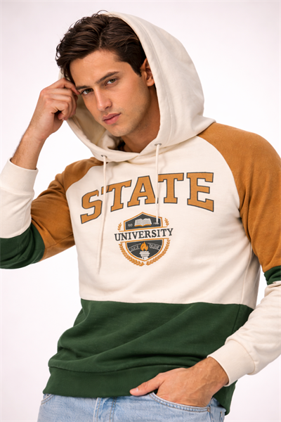 Erkek Kapüşonlu Renk Bloklu Baskılı Sweatshirt – Pamuklu Oversize Hoodie