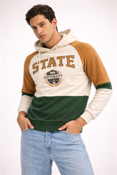 Erkek Kapüşonlu Renk Bloklu Baskılı Sweatshirt – Pamuklu Oversize Hoodie