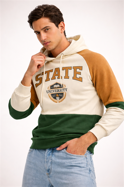 Erkek Kapüşonlu Renk Bloklu Baskılı Sweatshirt – Pamuklu Oversize Hoodie