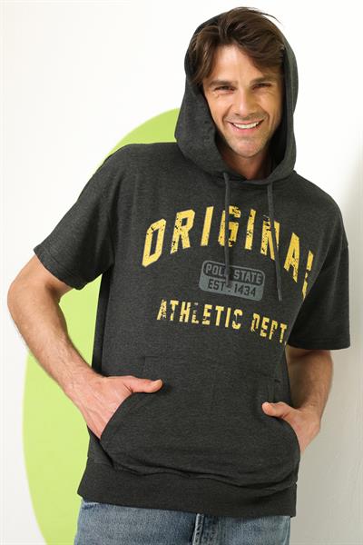 Baskılı Oversize Kapüşonlu Erkek T-Shirt Antrasit