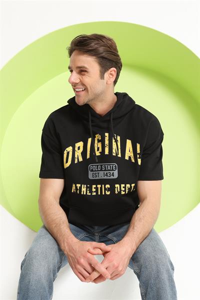 Baskılı Oversize Kapüşonlu Erkek T-Shirt Siyah