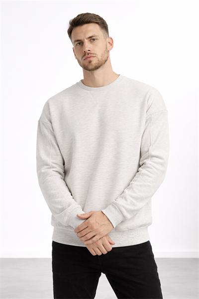 Erkek Kar Melanj 3 İplik Şardonlu Kalın Basic Bisiklet Yaka Oversize Sweatshirt