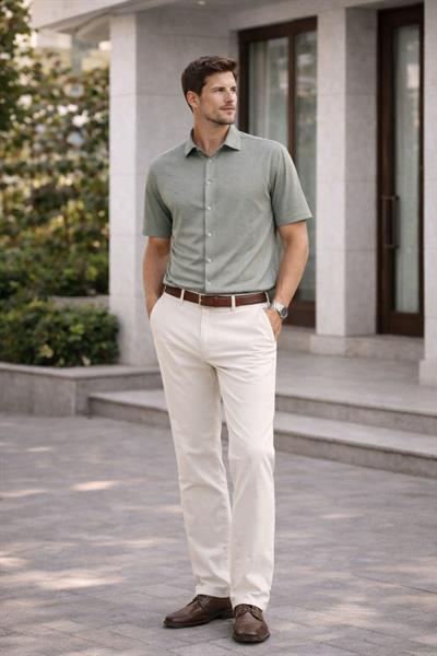 Erkek Kısa Kollu Kendinden Desenli Dokulu Slim Fit Gömlek Yeşil